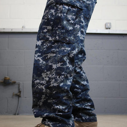 US Navy cargo pants W32L31 baggy blue USN digital camouflage trousers double knee pleated