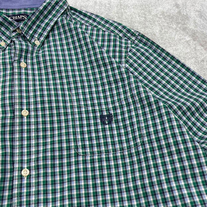 00s checkered Chaps technical shirt 2XL men's green long sleeve button up autumn y2k style