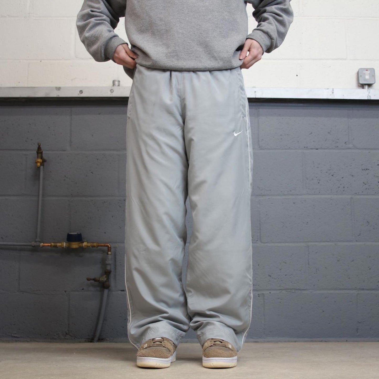 Y2k baggy Nike tracksuit bottoms grey Loose wide-leg lined embroidered stripe track pants