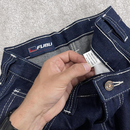 Baggy denim carpenter shorts y2k navy blue Thick denim cargo festival shorts with FUBU details