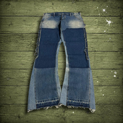Y2K mnml bootcut jeans W32L36 patch work blue denim Slightly flared carpenter jeans reworked style