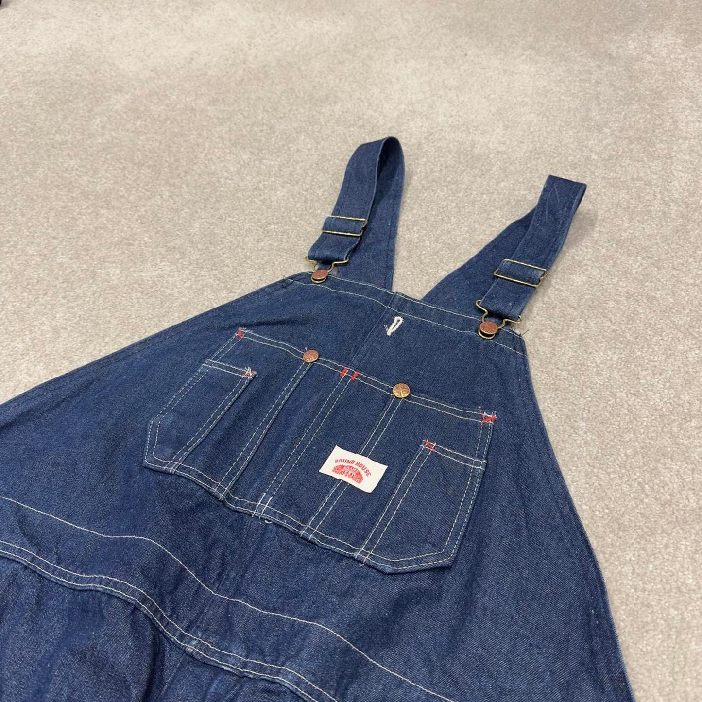 Vintage y2k baggy denim Dungarees loose leg blue Round House workwear bib & brace overalls utility