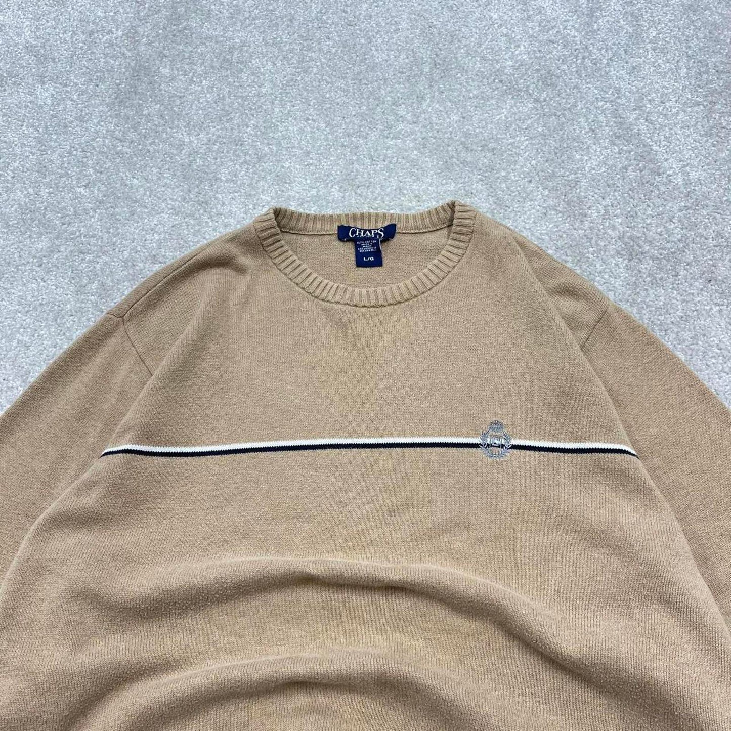 00s CHAPS knit sweater jumper L men's tan beige knitted pull over y2k style striped