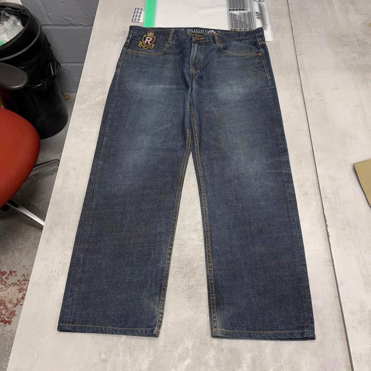 Blue USA Rugby embroidered jeans W38 L30 loose y2k embroidered design hip hop jeans