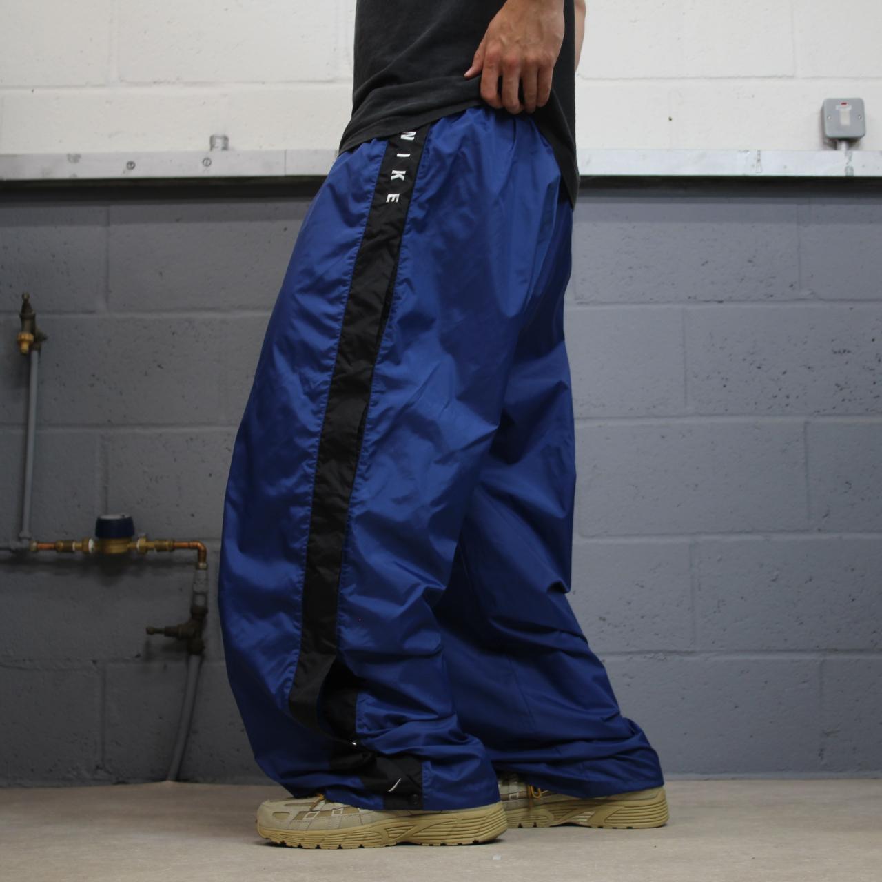 Y2K Nike baggy tracksuit bottoms wide leg navy Wide leg full popper leg swoosh logo track pants