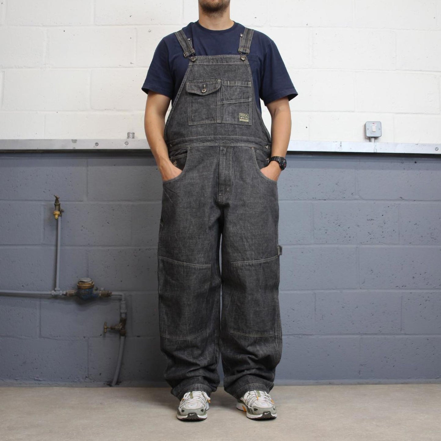 Baggy Rocawear dungarees W42L34 black grey embroidered y2k style overalls vintage denim double knees