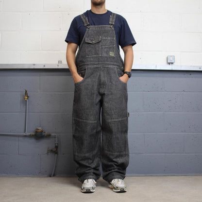 Baggy Rocawear dungarees W42L34 black grey embroidered y2k style overalls vintage denim double knees