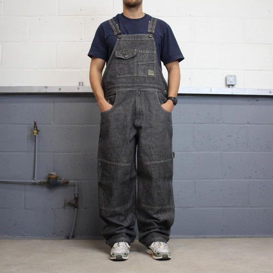Baggy Rocawear dungarees W42L34 black grey embroidered y2k style overalls vintage denim double knees