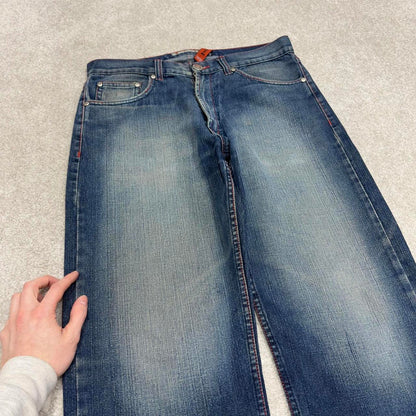Vintage Y2K embroidered jeans blue Premium loose straight leg denim skater 00s style pants