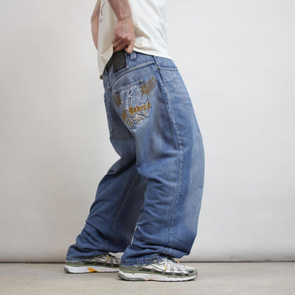 Baggy Ruff Ryders jeans W36L32 blue loose fit denim embroidered design 90s y2k style skater jeans