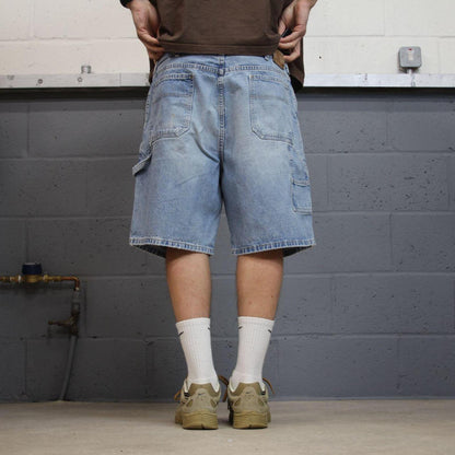Denim carpenter shorts cargo blue Lands End loose leg skater style surf jorts
