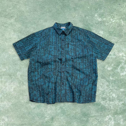 Columbia funky corduroy short sleeve shirt blue Y2K patterned festival surf style summer shirt