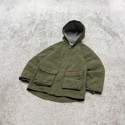 Green Carhartt hooded active jacket S 8/10 canvas 90s style skater bomber