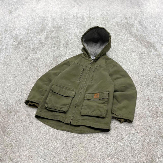Green Carhartt hooded active jacket S 8/10 canvas 90s style skater bomber