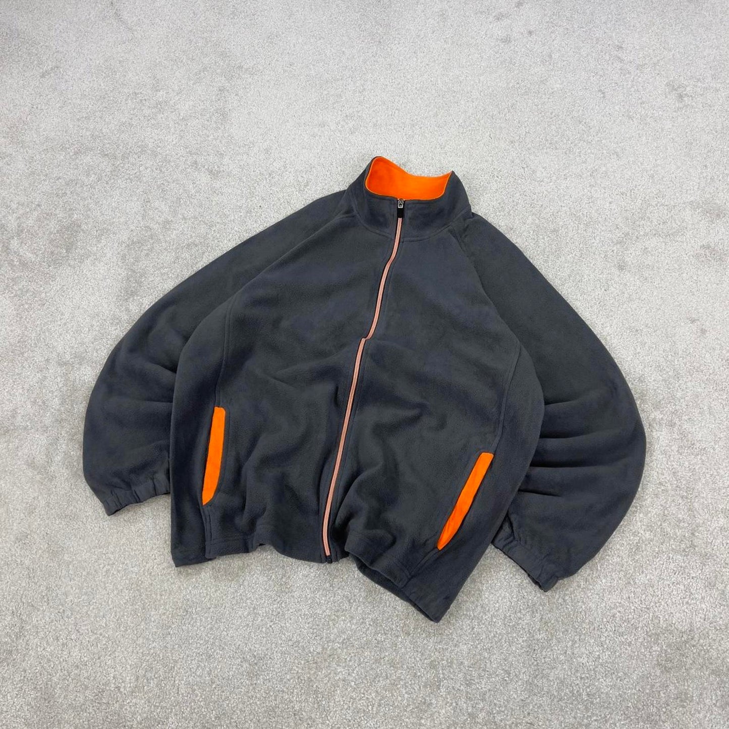 Y2K Starter technical fleece Large grey full zip embroidered logo adjustable waist autumn