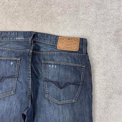 Blue Guess jeans W34L30 blue slim straight y2k 00s style jeans embroidered stitch detail