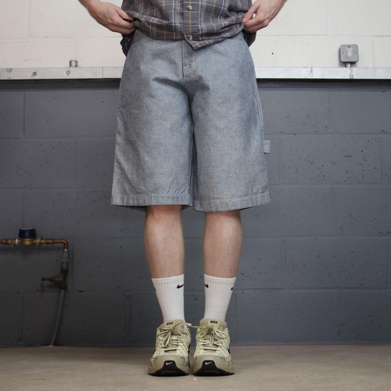 Y2K baggy denim shorts light blue carpenter denim skate surf style cargo shorts Sean John patches