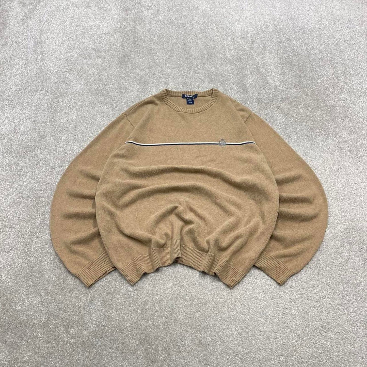 00s CHAPS knit sweater jumper L men's tan beige knitted pull over y2k style striped