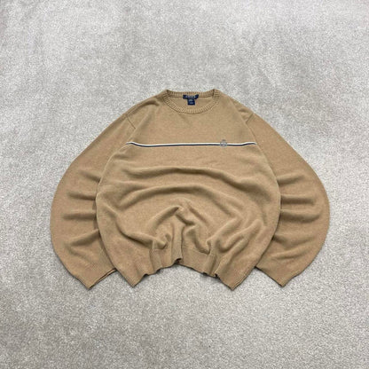 00s CHAPS knit sweater jumper L men's tan beige knitted pull over y2k style striped